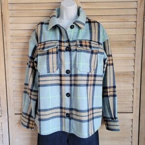 Avec Lec Filles Plaid Blue Brown Button DownWool Blend Shacket Shirt  sz Small